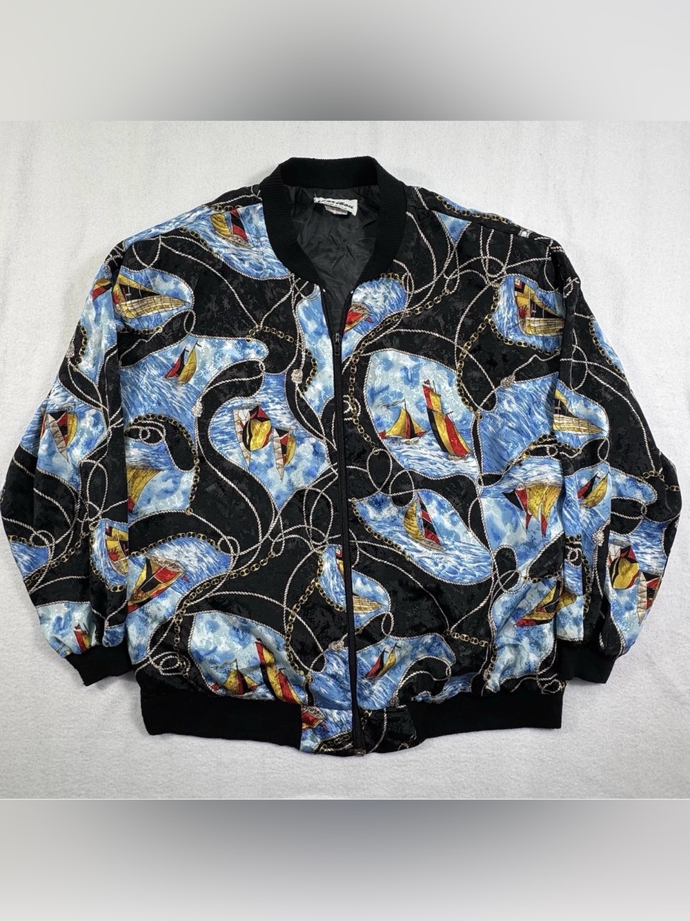 Caribou Vintage Nautical Bomber Jacket Sailboat Print Windbreaker USA Made M